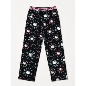 Hello Kitty by Sanrio Black Fleece Pajama Pants Pink Logo Waistband Small 4-6